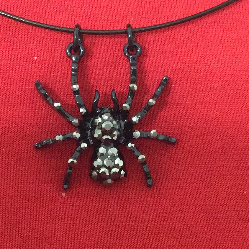 Black Widow Rhinestoned Spider Metal Pendant W/ 2 Option Stainless Steel Chains.